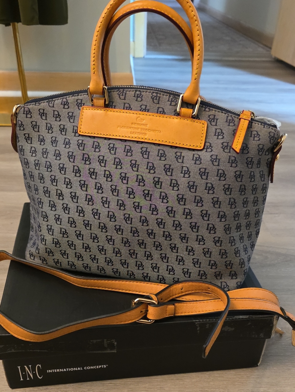Dooney & Bourke Navy DB Monogram Satchel with Tan Leather Accents